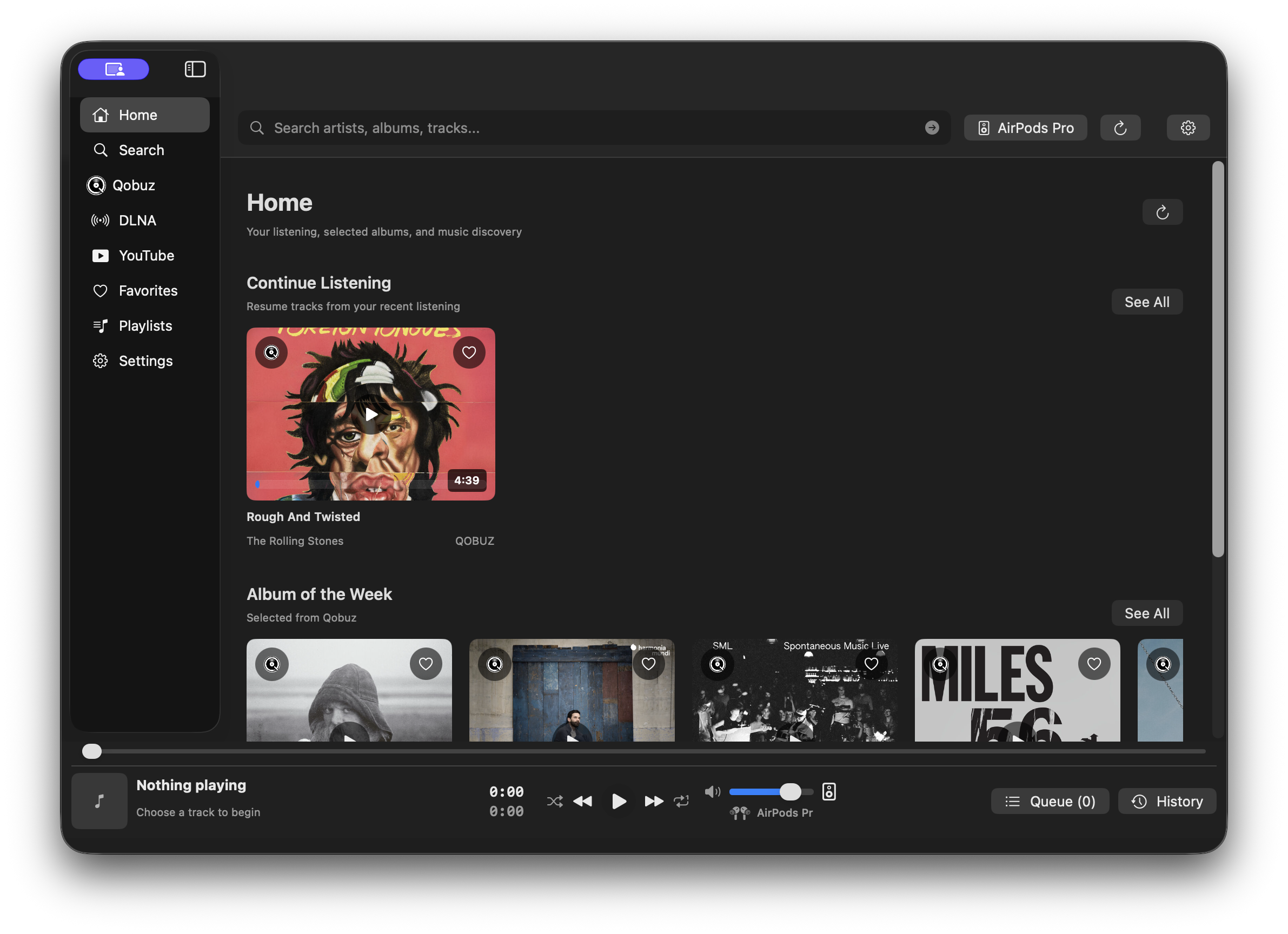 SenseHIFI app main screen showing streaming controls and music sources